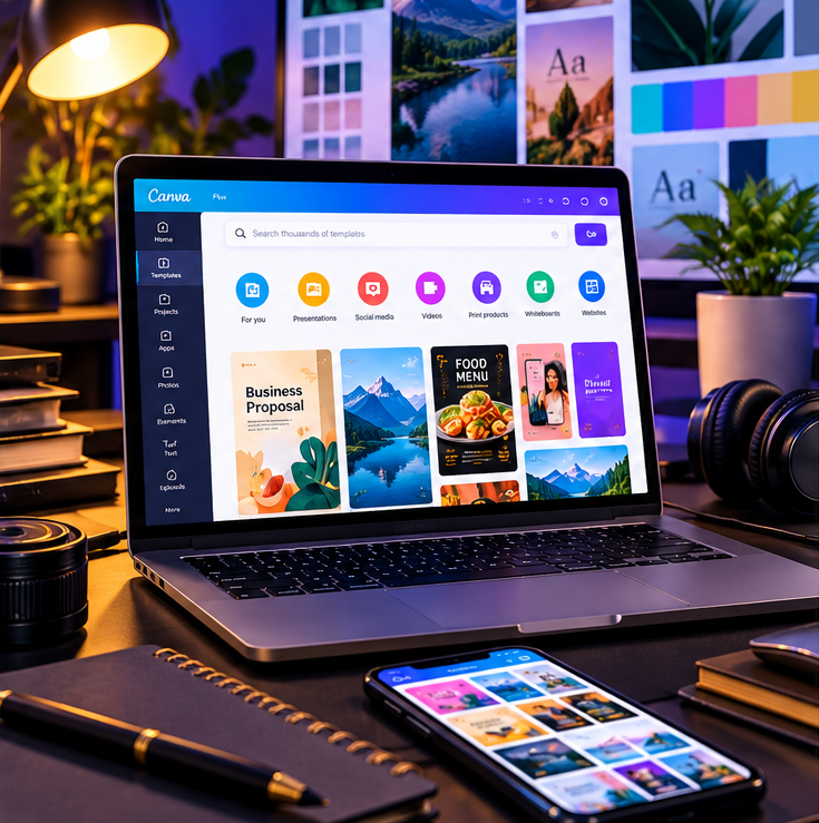 Canva Pro on a laptop and phone โ monthly plan